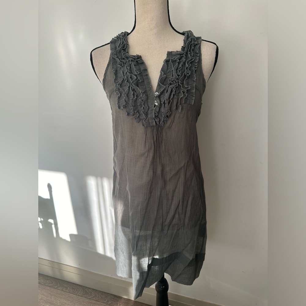 Lapis long tunic blouse ruffled  front gray, sheer material SZ S